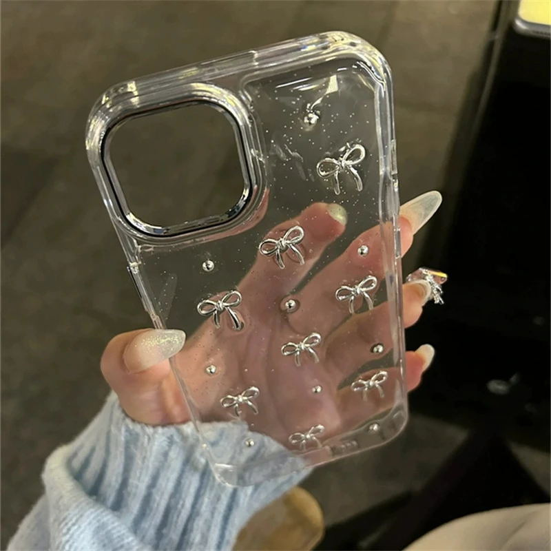 INS Corea brillo 3D cuentas de lazo plateado funda de teléfono para iPhone 16 15 14 13 12 11 Pro Max 7 8 Plus X XS carcasa epoxi chica cubierta transparente