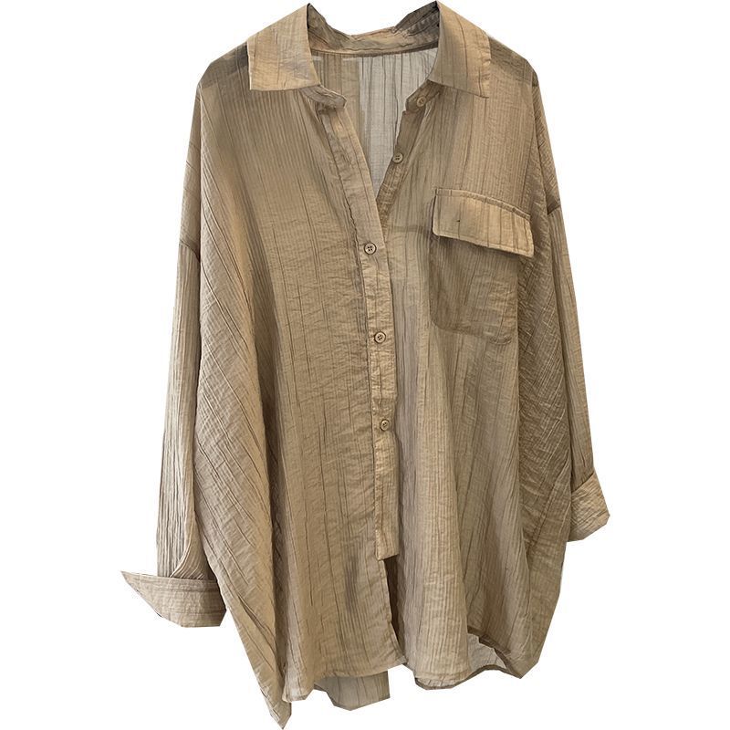 Csa Fena de Verão Fina Estilo Coreano Cor Pura Manga Longa Solta Proteção Solar Seda Aodão Casual E