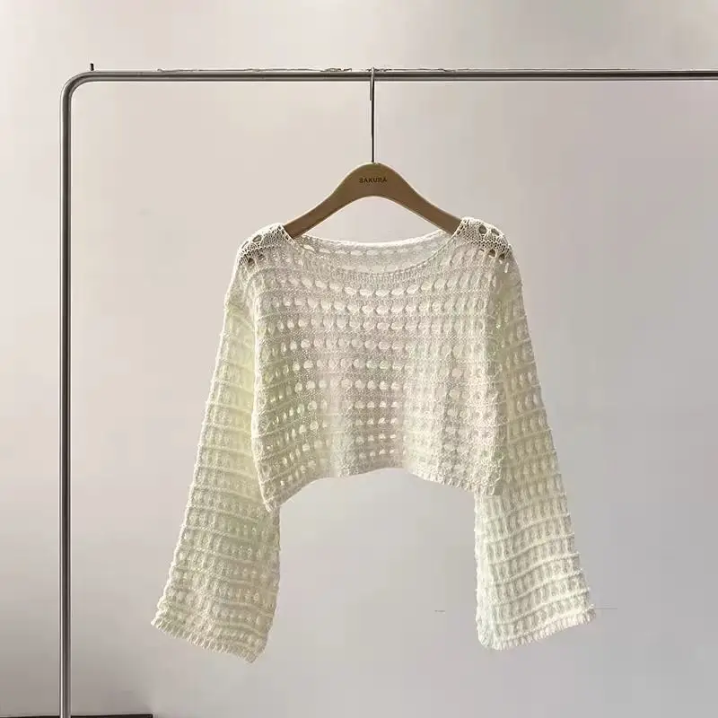 긴 소매 크로 셰 뜨개질 니트 탑 여름 해변 비키니 커버 자르기 풀오버 울 니트 블라우스 여성 휴가 Boho 복장