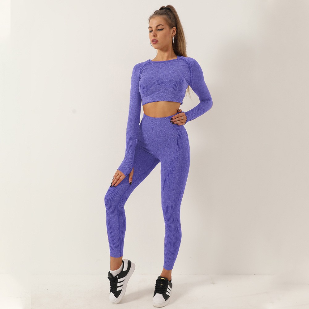 Conjunto de Yoga sin costuras para mujer, traje deportivo, ropa de entrenamiento, Top corto de manga larga para gimnasio, mallas de cintura alta, ropa deportiva para Fitness, 2 uds.