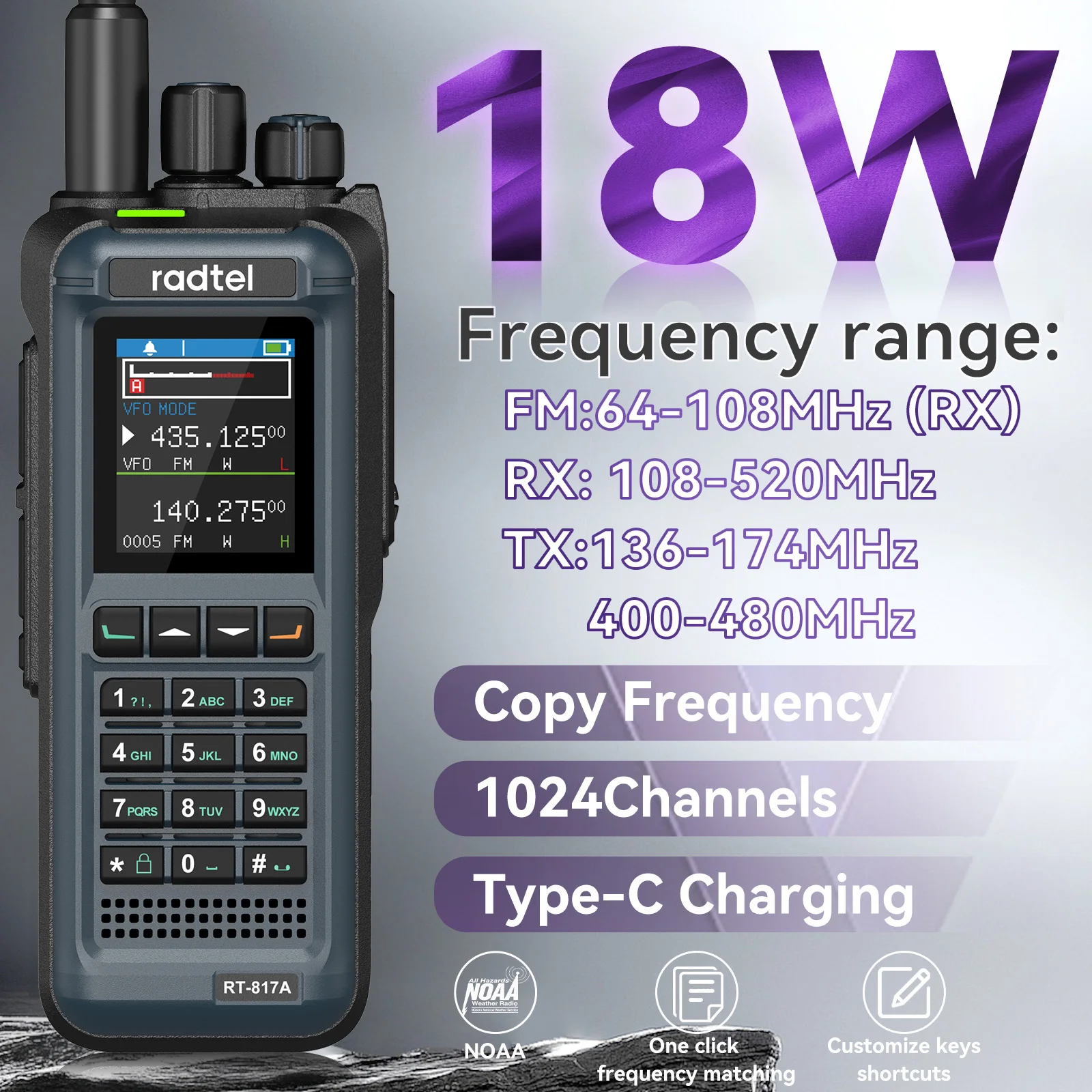 Das 18-W-Langstrecken-Walkie-Talkie Radtel RT-817A verfügt über 18 W Hochleistung, AM FM, 1024CH, NOAA, DTMF, Typ-C-Anschluss und Amateurfunk mit großer Reichweite