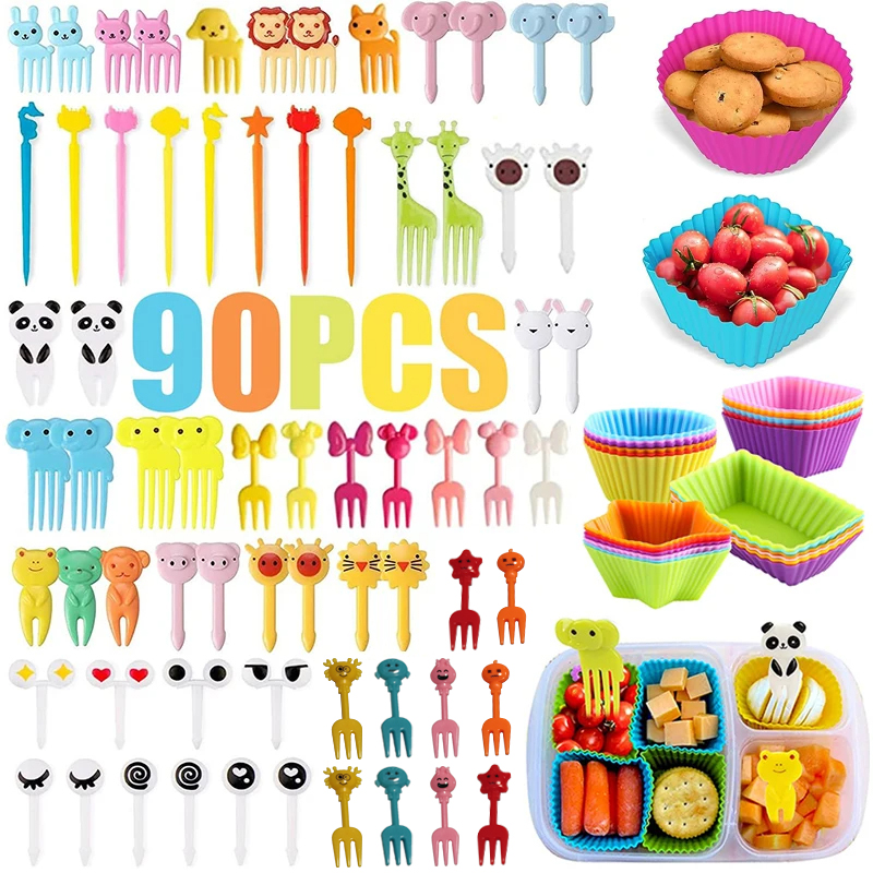 Mini viñetas de animales para niños, selecciones de comida, aperitivos, pasteles, postres, comida, tenedores de fruta, divisores de fiambrera de silicona