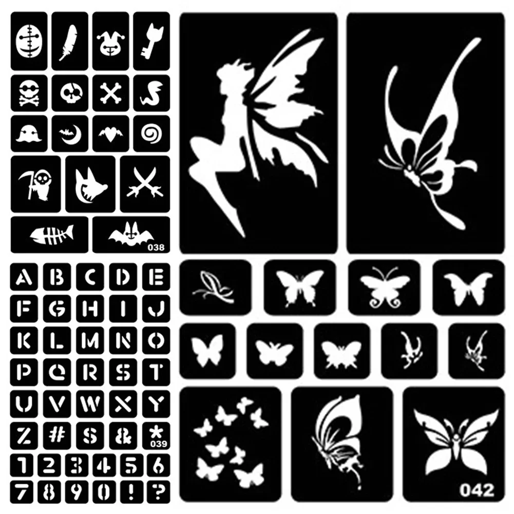 Plantilla de tatuaje de varios estilos, plantilla de tatuaje hueca reutilizable, pasta de arte corporal, aerógrafo de dibujo, plantilla de tatuaje con purpurina, gran oferta