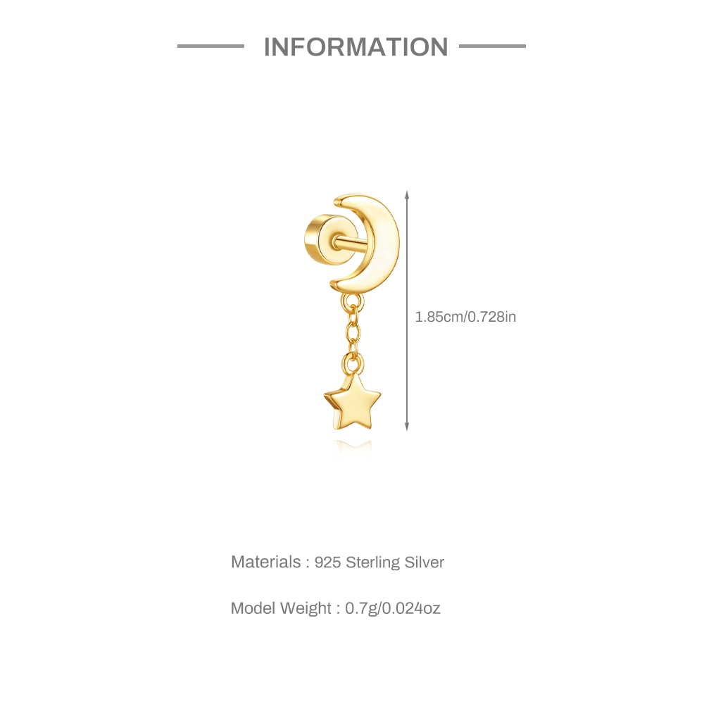 CANNER 1Pc 925 Silver Smooth Stars Moon Stud Earrings For Women 18K Gold Flat Head Threaded Puncture Ear Bone Ins Fine Jewelry