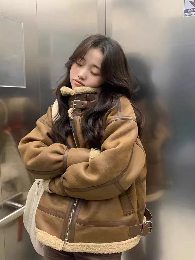 Korean Retro Lapel Fur Leather Vest Women's Winter New Small Size Deer Skin Velvet Windproof Warmth Leather Jacket Trendy