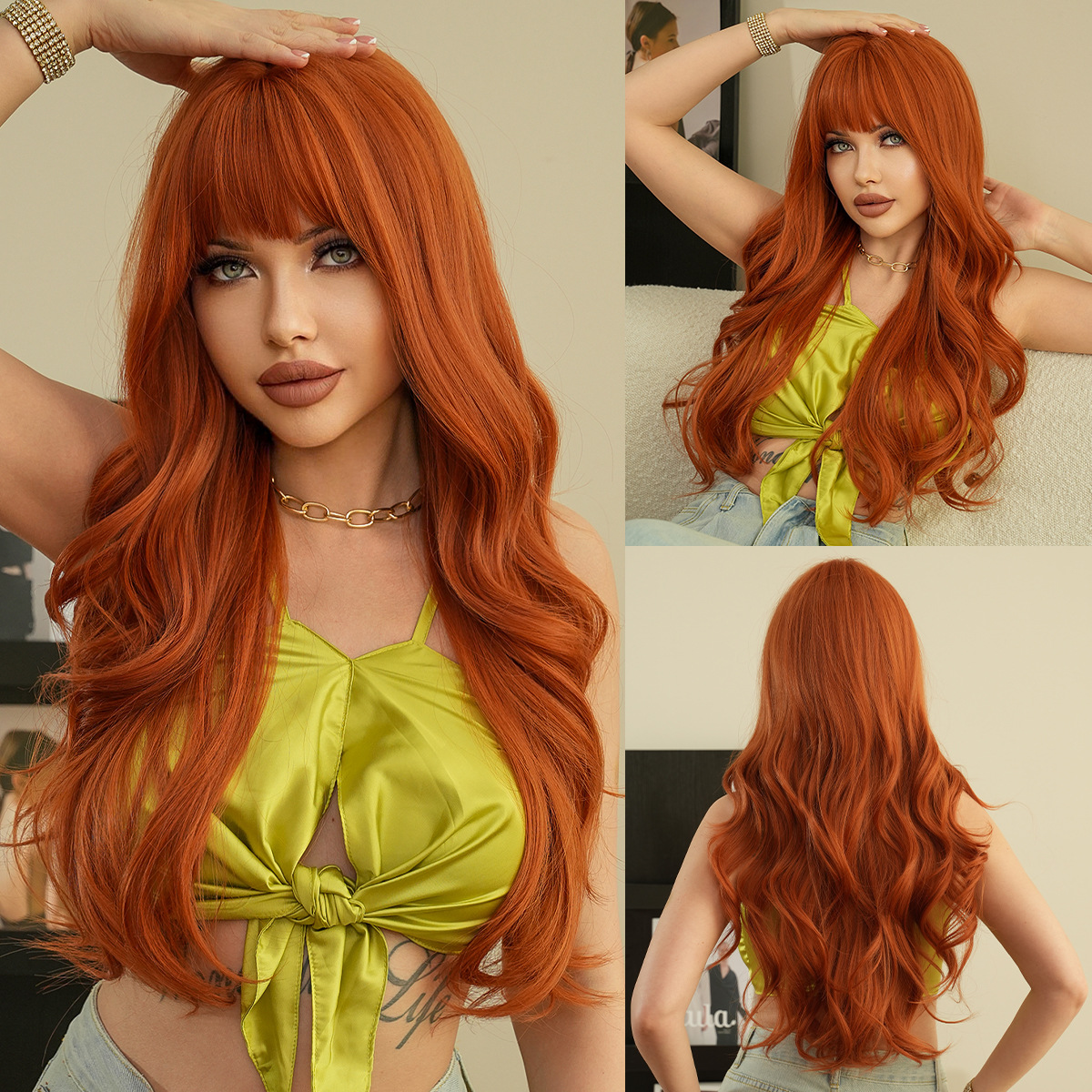 Nueva peluca sintética naranja de moda con flecos, pelo largo y rizado, peluca diaria para festival, cubierta completa para la cabeza de seda de alta temperatura