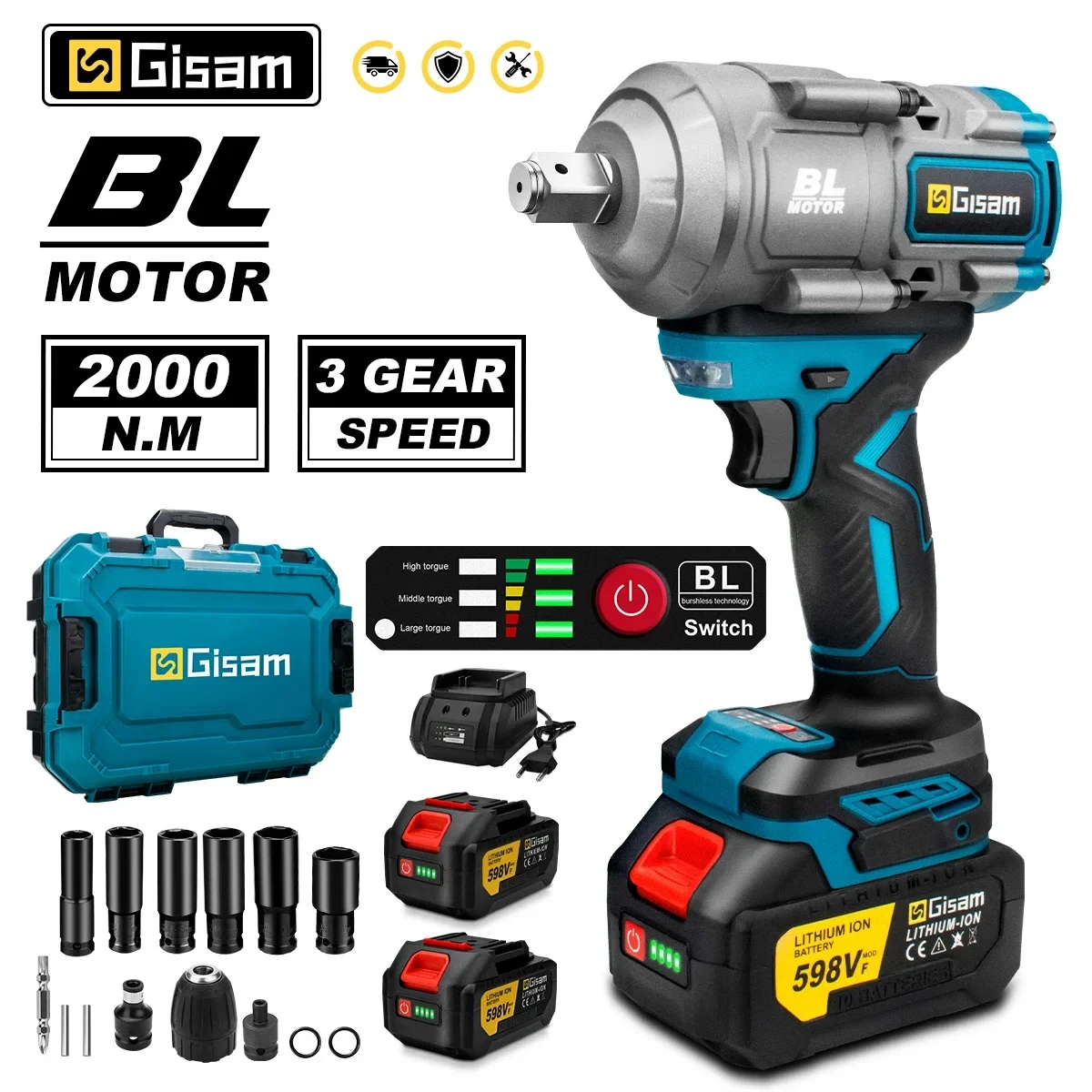 Gisam 2000N.M Brushless Electric Wrench 1/2 inch Impact Wrench Cordless ScrewdriverWrench Power Tools For Makita 18V Battery Pin