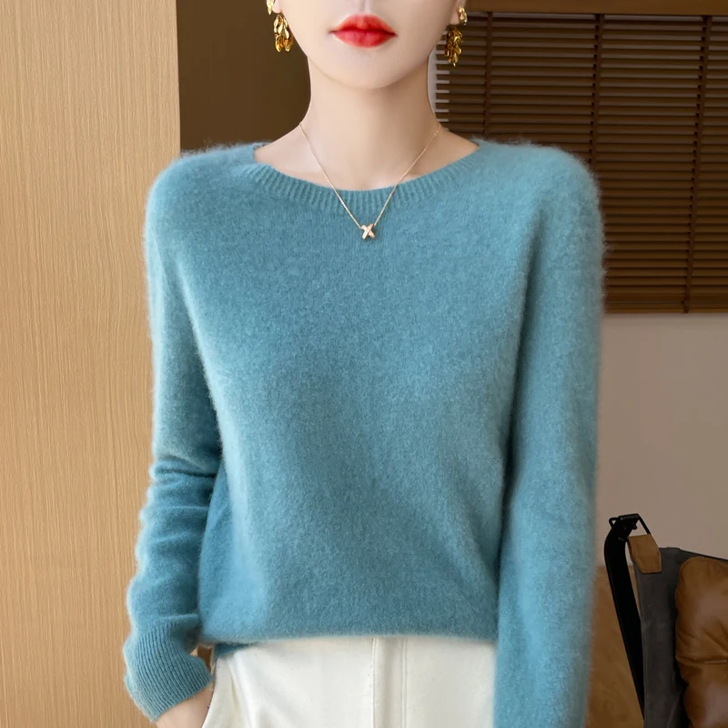 เสื้อสเวตเตอร์100% Merino สีพื้น, เสื้อสเวตเตอร์ถักคอกลมแขนยาวให้ความอบอุ่นทรงหลวมสีพื้นใหม่สำหรับฤดูใบไม้ร่วงและฤดูหนาว