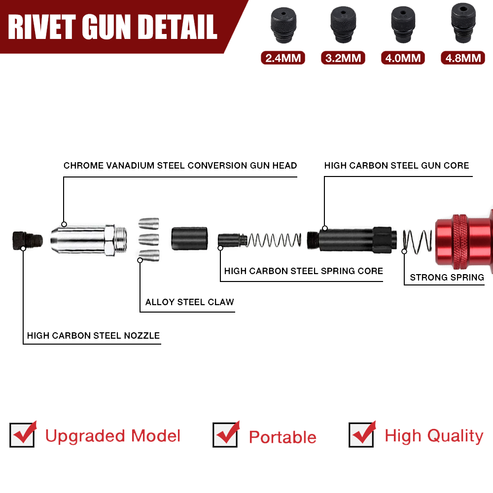 Machine à riveter, adaptateur de pistolet à rivets électrique 2,4 mm-3,2 mm-4,0 mm-4,8 mm, outil de rivetage domestique, avec poignée, machine à riveter multifonction sans fil, adaptée aux perceuses électriques