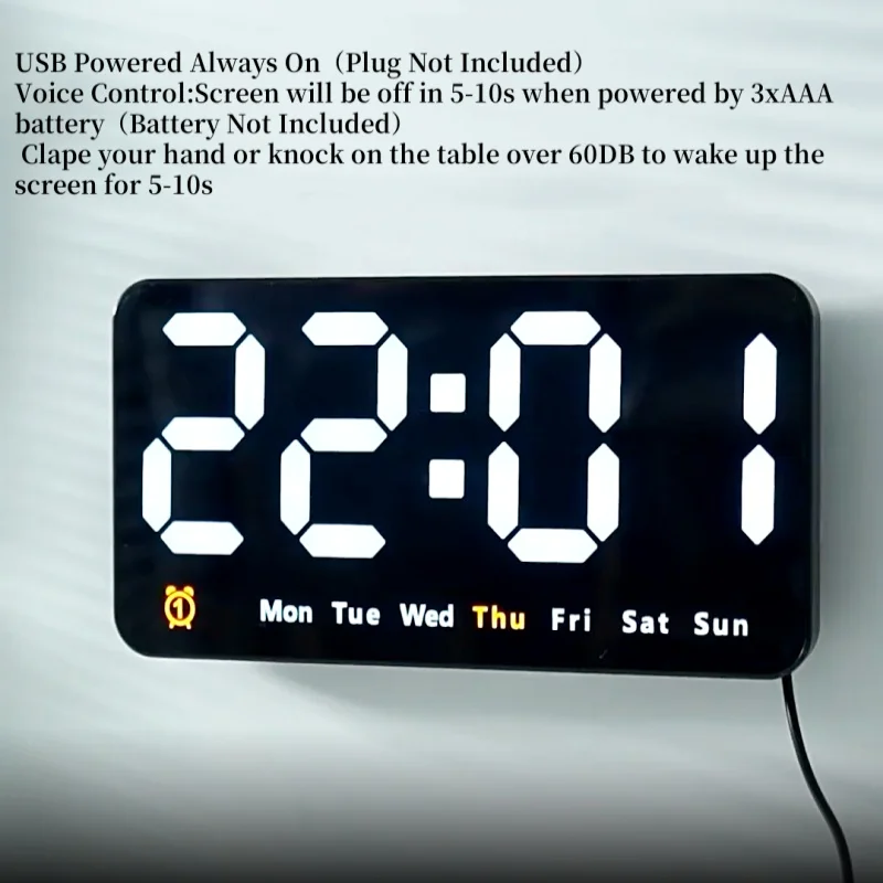Reloj de pared Digital grande con Control por voz, reloj de mesa con repetición DST y fecha de temperatura, reloj LED montado en la pared con alarma Dual de 12/24H