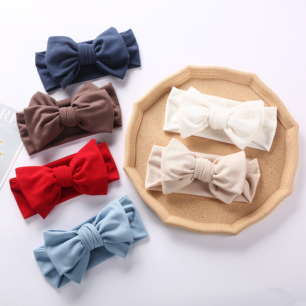 Diadema de algodón acanalado liso para bebé, lazo grande, diademas anudadas de doble capa, accesorios elásticos para el cabello para niños y niñas recién nacidos