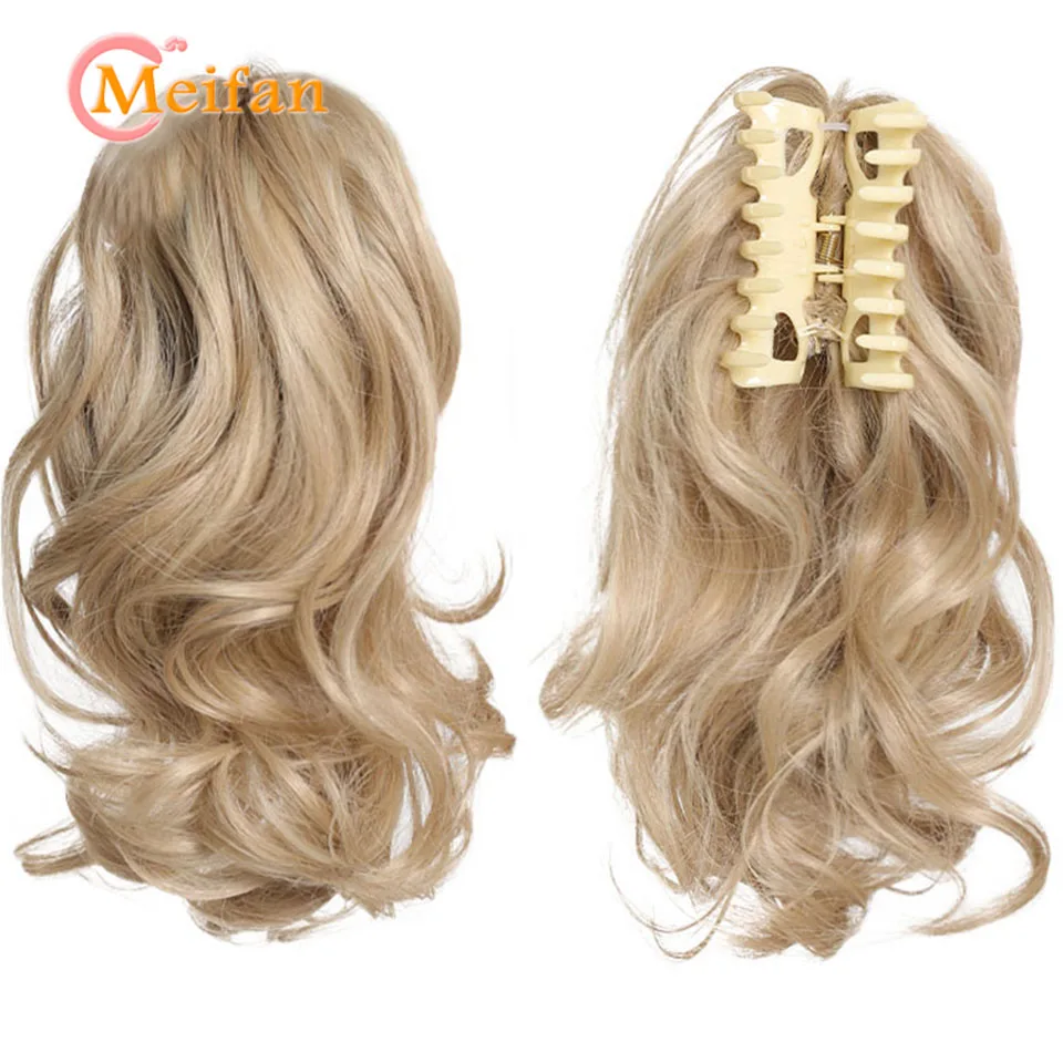 MEIFAN 合成波状カーリー爪クリップポニーテールエクステンションナチュラル偽ヘアピースおだんごヘアブロンドブラウンブラック偽ピグテール