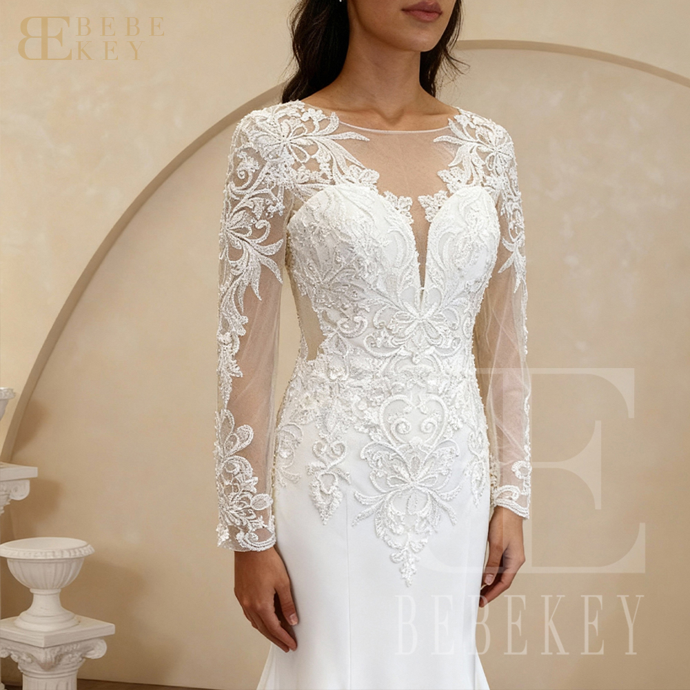 BEBEKEY Langarm-Hochzeitskleid aus Spitze für Damen, U-Ausschnitt, Brautkleider mit Kapellenschleppe, Meerjungfrau-Hochzeitskleid