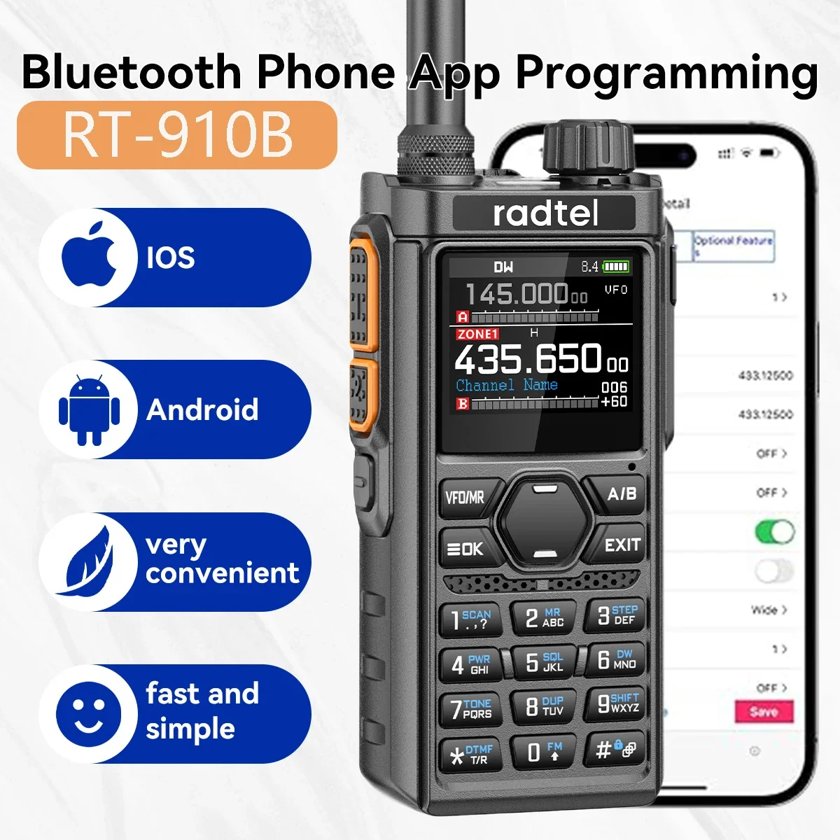 Radtel RT-910B 45-59Mhz TX RX Walkie Talkie 960 canales, AM/FM, banda aérea, espectro tipo C con reducción de ruido Bluetooth NOAA