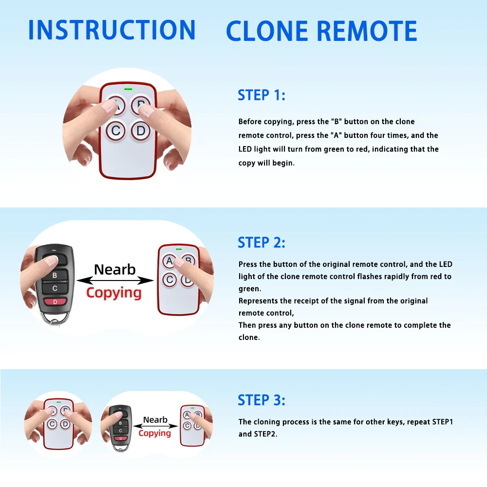 Universal Garage Door RF Remote Control Duplicator 280-868MHz Code Grabber Clone 433.92MHz Gate Key Fob Command Hand Transmiter