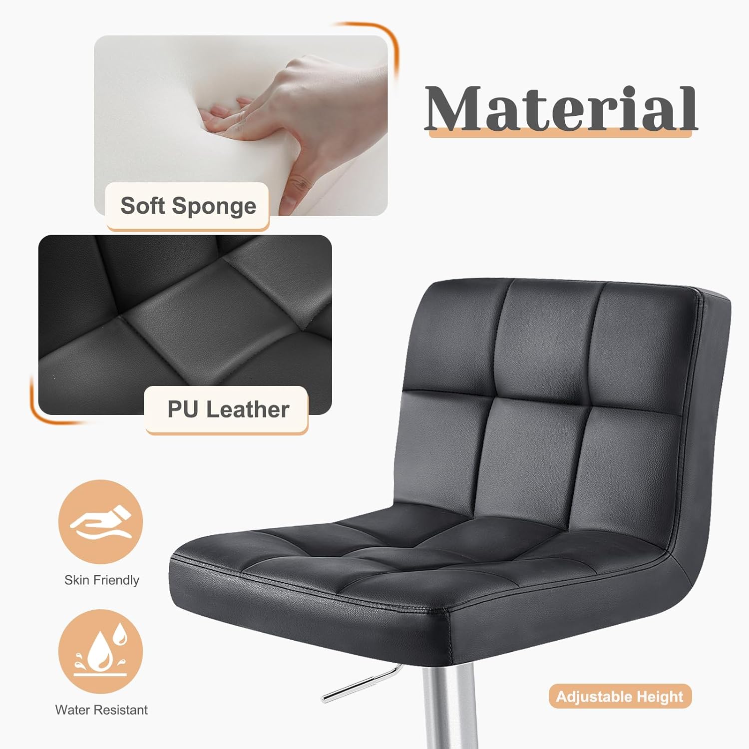 Bar Stools Set of 4, PU Leather Adjustable Swivel ,  Hydraulic Kitchen Counter Height Bar Stools, Thickened Seat Cushion Square