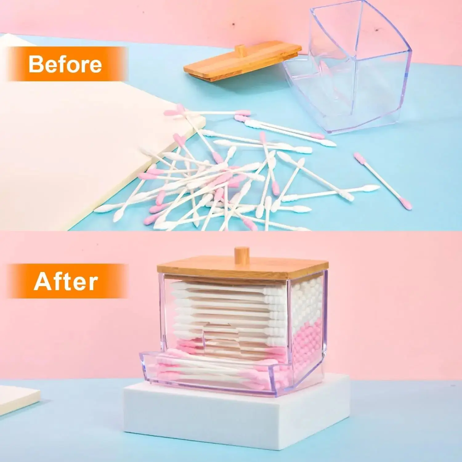 Soporte para bastoncillos de algodón, dispensador de bastoncillos con tapas de bambú, tarros de almacenamiento para baño de bambú, contenedores de almacenamiento de plástico transparente, 1 Uds.