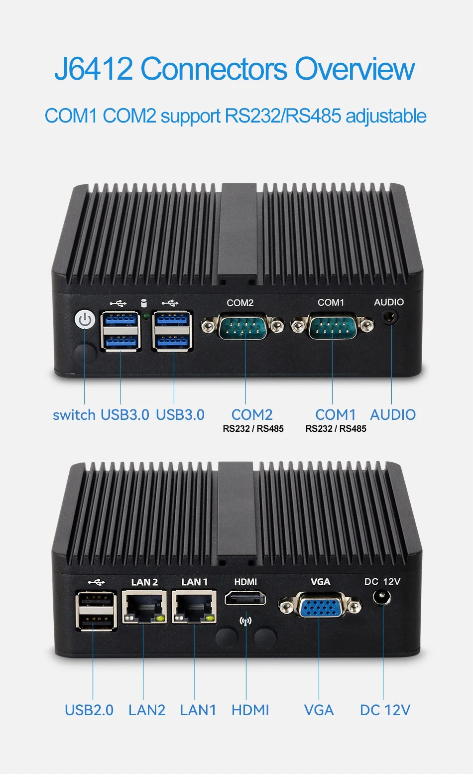 Fanless Mini PC Intel Celeron J6412 2xGigabit Ethernet 2x RS232/RS485 HDMI VGA Mini PCIE WiFi/4G 6x USB Support Windows Linux