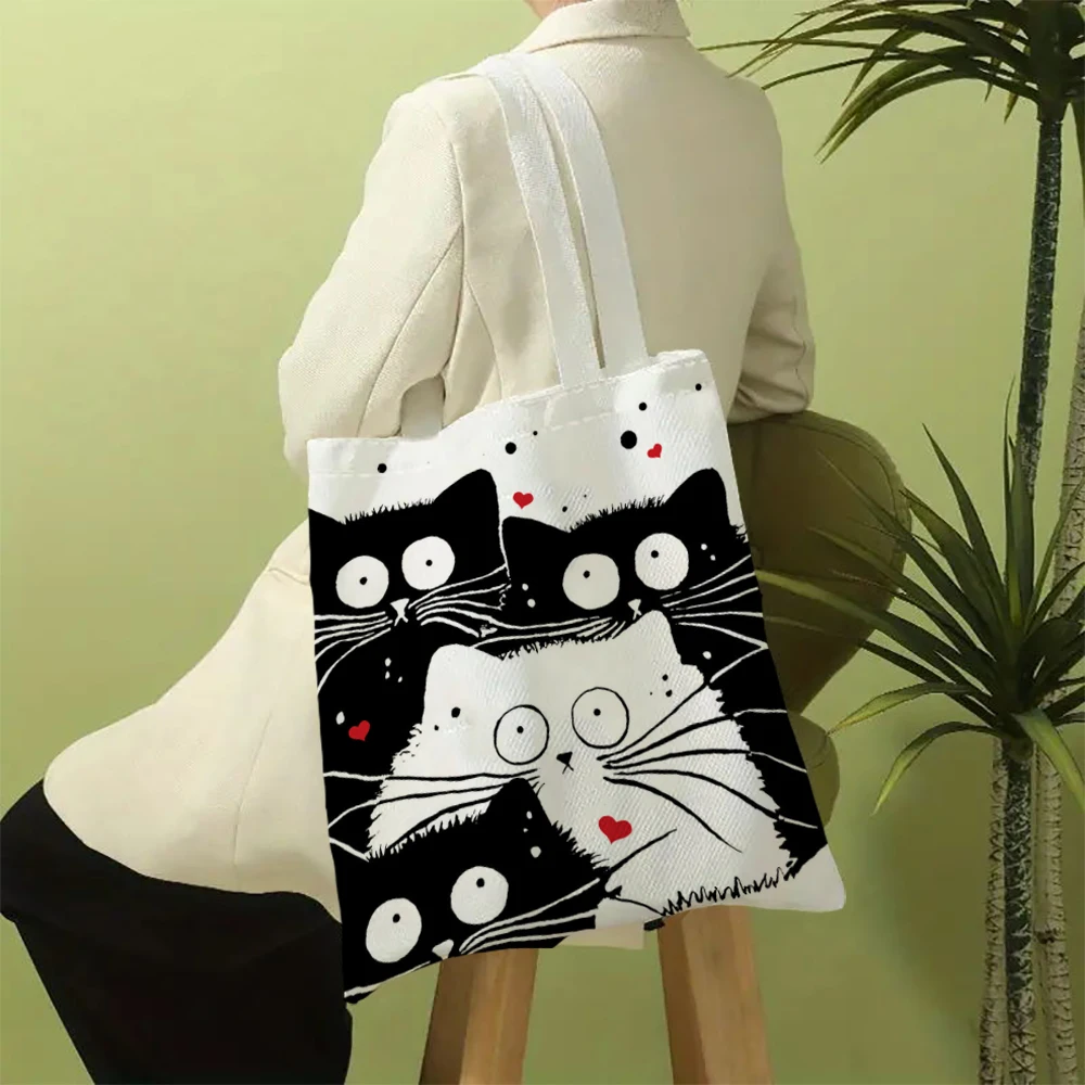 Andeiltech-再利用可能な女性用トートバッグ,かわいい猫の食料品の買い物,女子高生の贈り物,美的,ジッパーなし