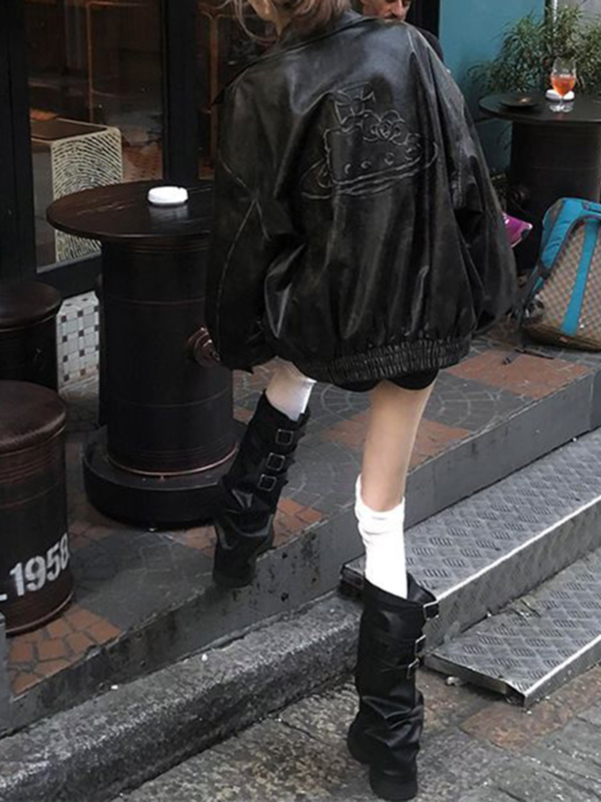 Retro American Leather Jacket Women's Loose Design Sense Motorcycle Clothes Autumn Winter Lazy Sle Pleated Design Short Coat