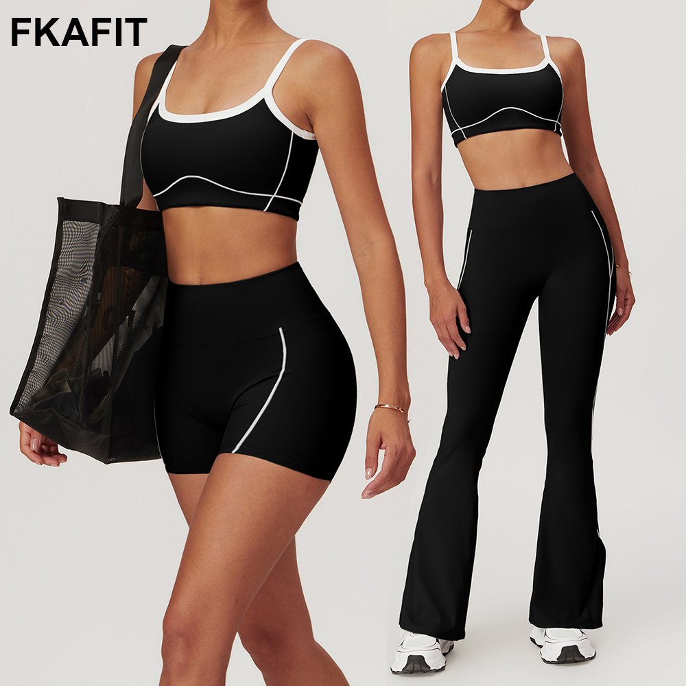 Conjunto de yoga para mujer, sujetador deportivo, mallas de entrenamiento para gimnasio, pantalones acampanados de cintura alta y anchos, pantalones cortos deportivos para fitness, traje de ropa deportiva