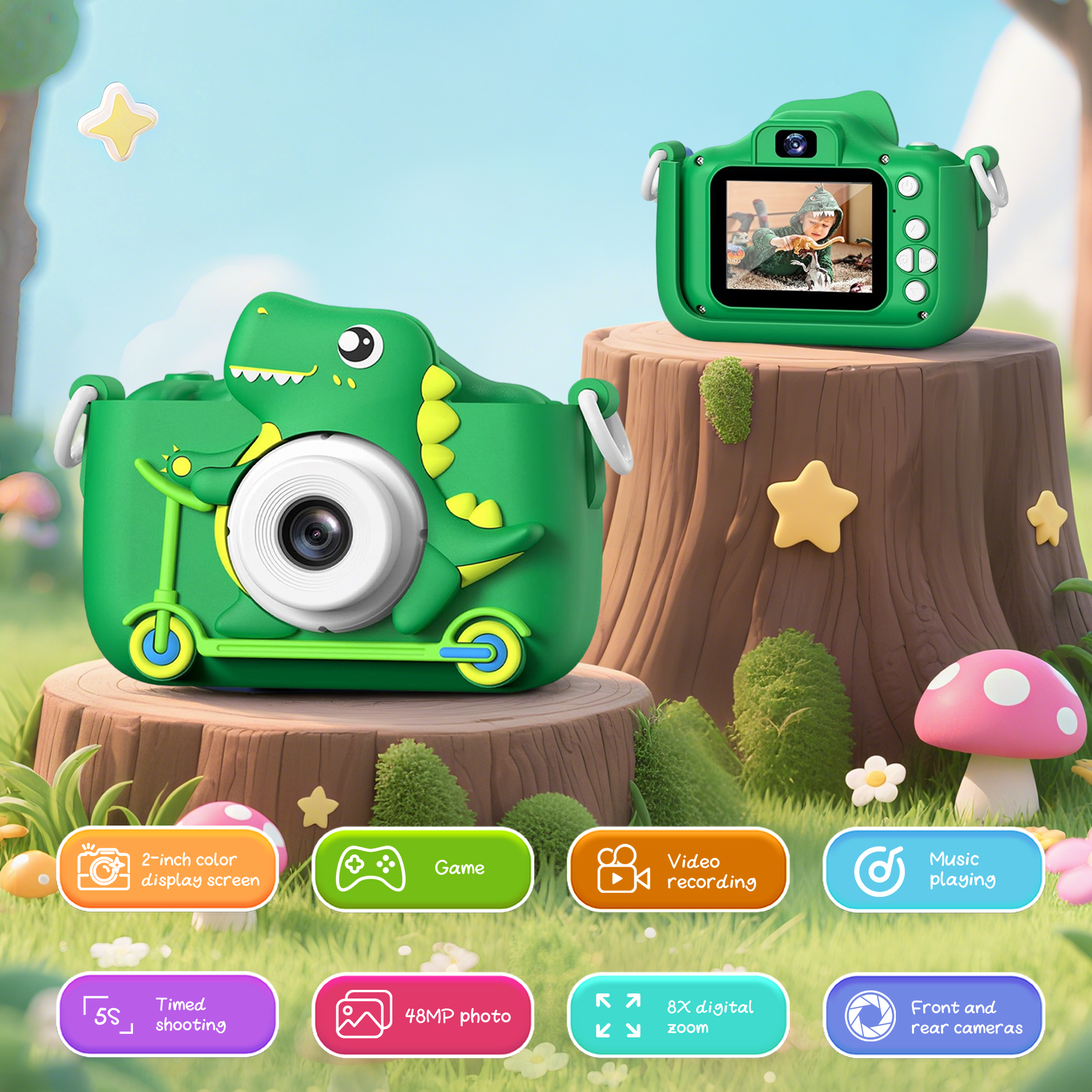 INOCTI kindercamera's, dinosaurusserie, digitale videocamera voor peuters, speelgoed voor kerstverjaardagscadeaus