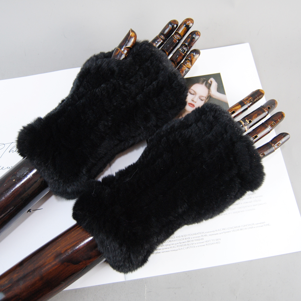 Guantes sin dedos de piel de conejo Rex para mujer, mitones de punto 100% auténtica, cálidos, de invierno, novedad
