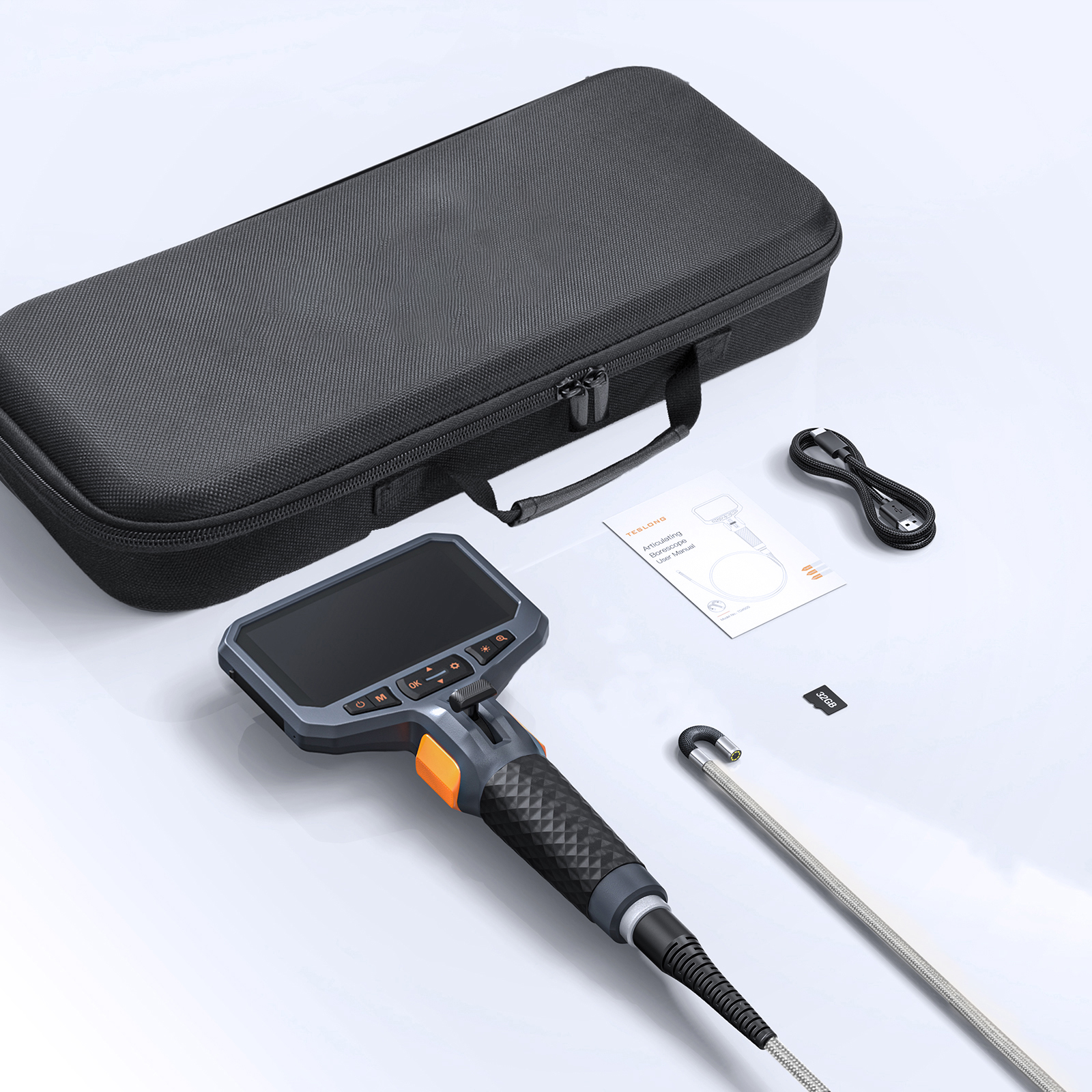 TESLONG TD450S 5.5MM Boroscopio articulado 1080P 5 pulgadas IPS bidireccional 360 °   Cámara endoscópica de dirección Tubo de acero inoxidable de 1 m