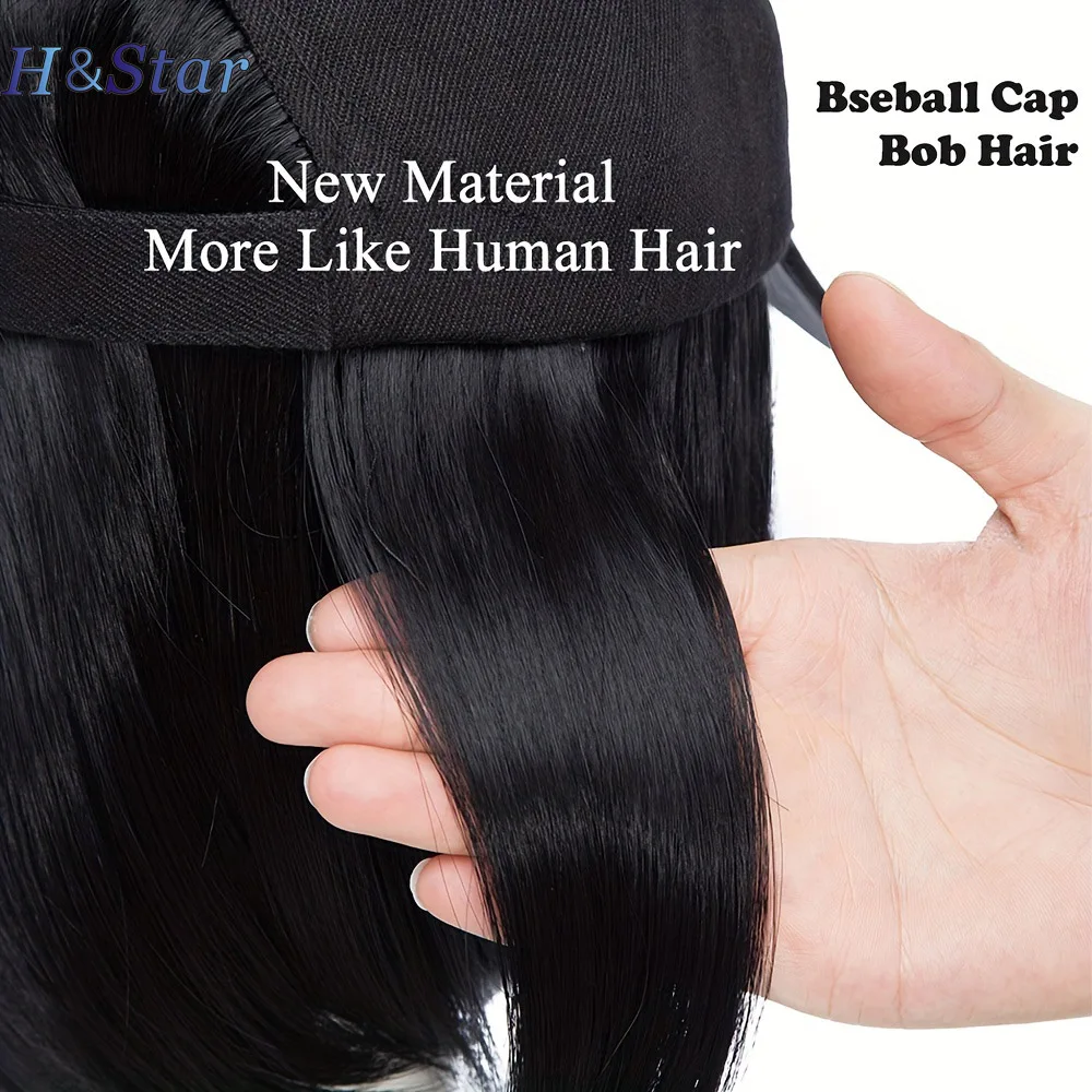 H&STAR Peruca curta reta sintética, fibra resistente ao calor, elegante, chapéu de beisebol para meninas, com cabelo natural, boné de pico