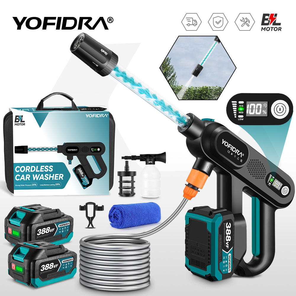 YOFIDRA 220Bar 브러시리스 고압 자동차 세탁기 총 3 기어 전기 정원 세척 물 세척 스프레이 건 21V 18V 배터리