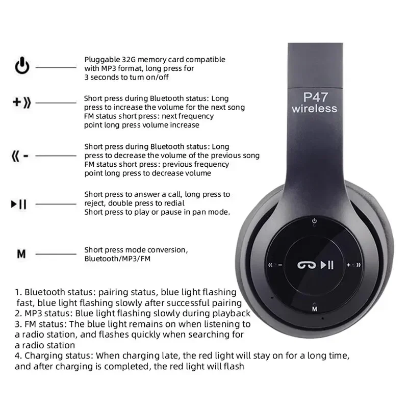 Stereo P47 Headset 5.0 Bluetooth Headset Folding Series Wireless Sports Game Headset for iphone HuaWei XiaoMi