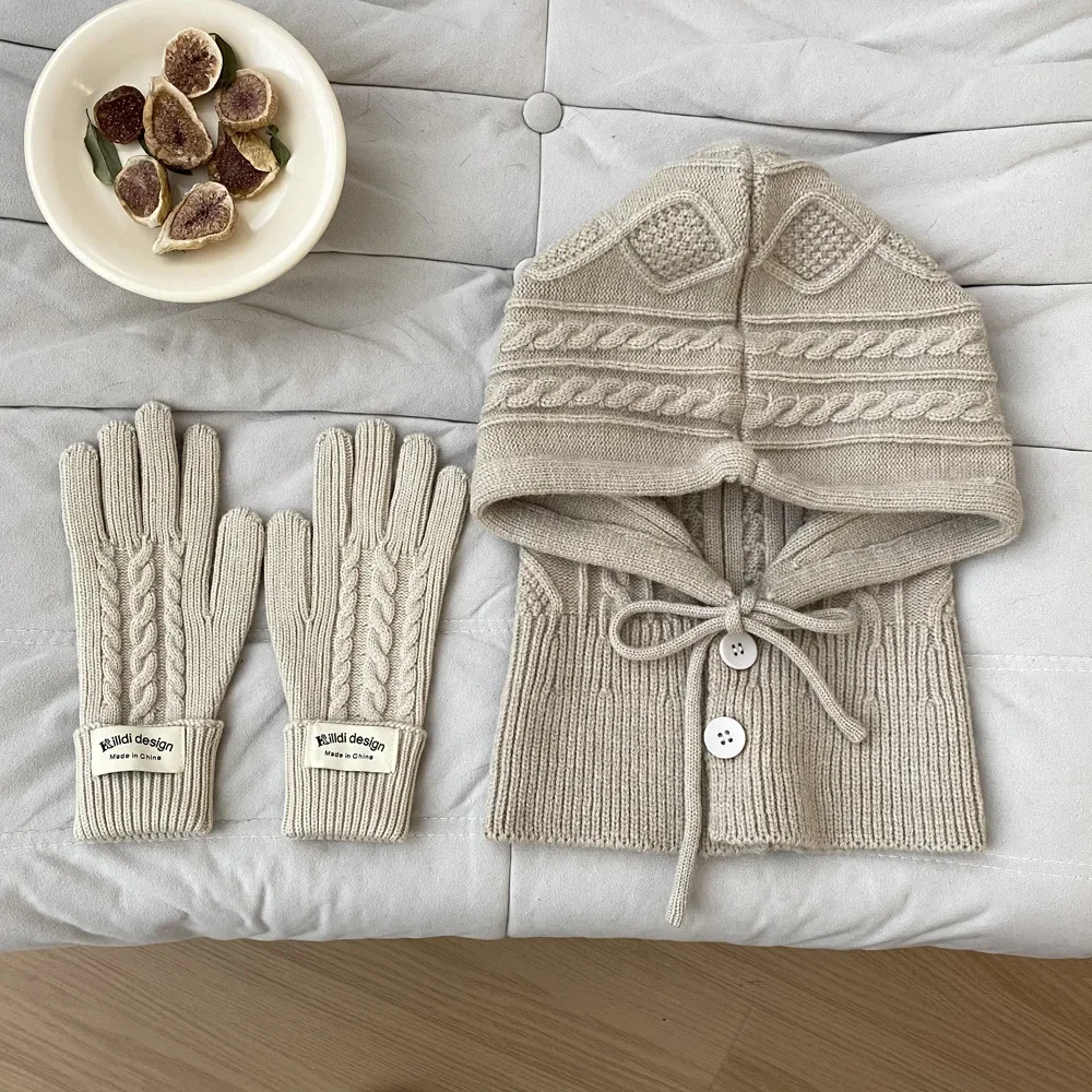 Conjunto de gorro y guantes coreanos de invierno para mujer, gorros cálidos, chal de imitación de Cachemira, bufanda suave tejida, jersey con dedos abiertos