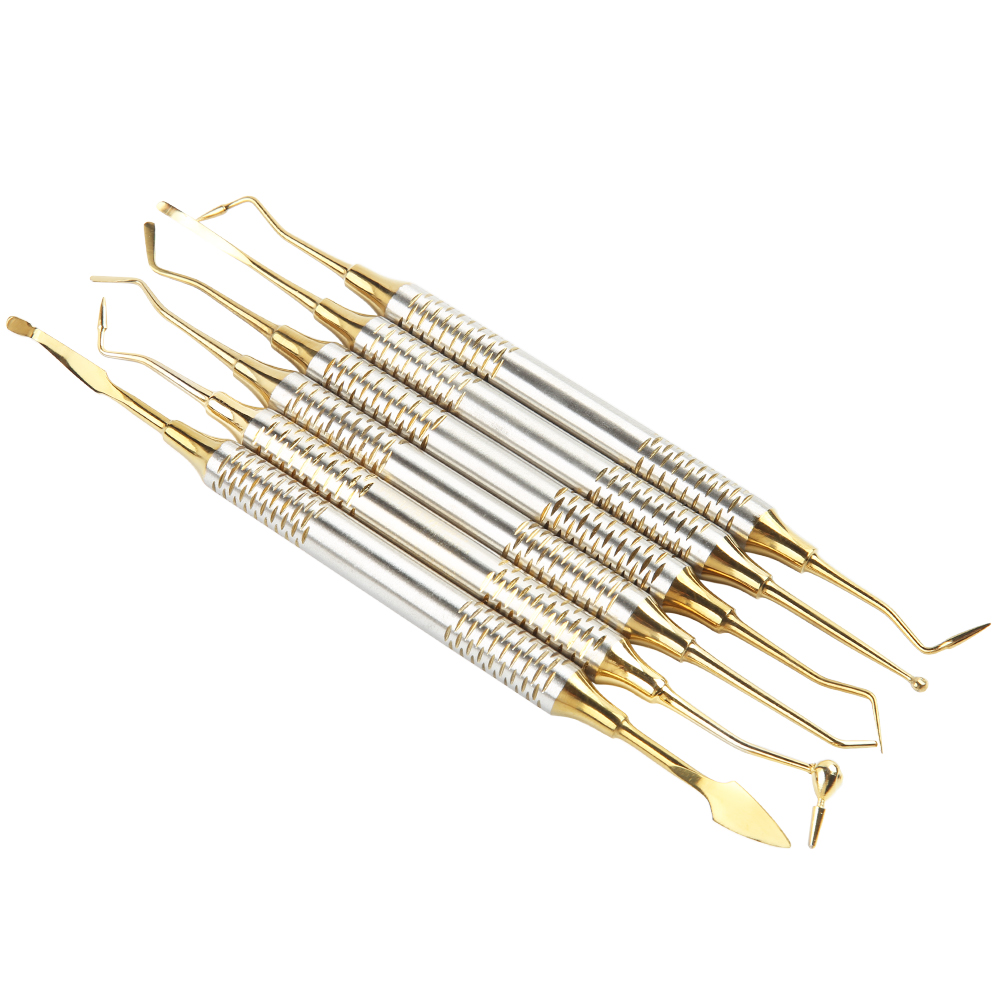 ชุดไม้พายเติมเรซินทันตกรรม6ชิ้นชุดหัวเรซินชุบไทเทเนียมชุดเติมด้ามจับหนาเครื่องมือทันตกรรม