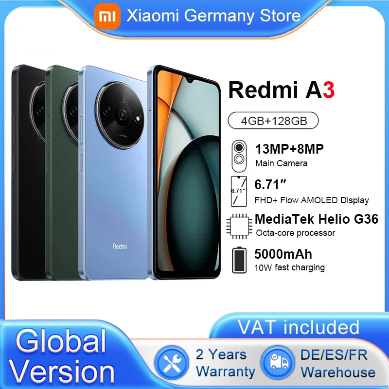 Globale Version Xiaomi Redmi A3 Smartphone Mediatek Helio G36 HD-Bildschirm 6,71 Zoll Dual-Kamera 5000 mAh Akku 10 W Schnellladung