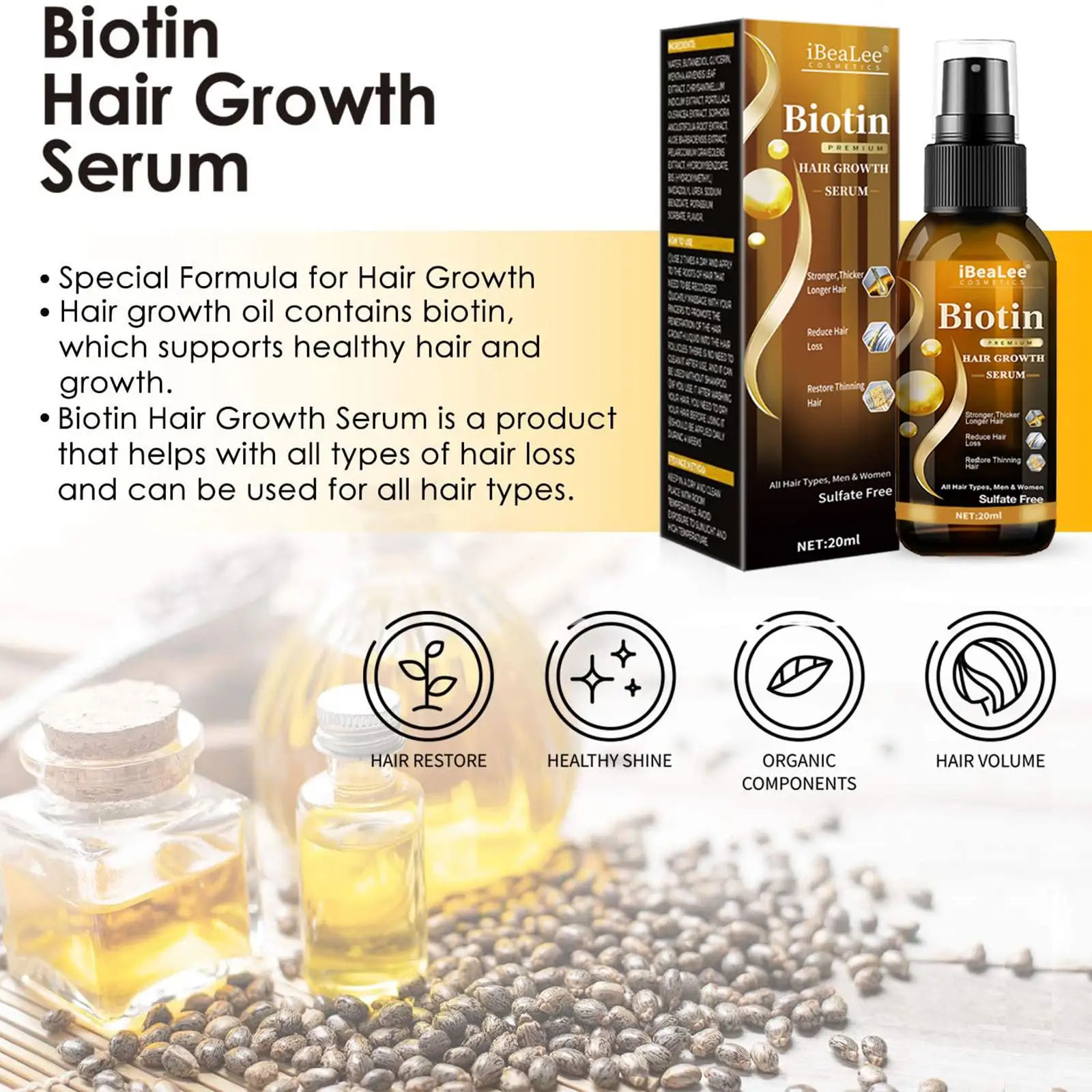 Suero de biotina para el crecimiento del cabello, productos Anti pérdida de cabello, crecimiento rápido, previene el encrespamiento seco, tratamiento de reparación dañado, Spray para el cuidado de la barba del cuero cabelludo