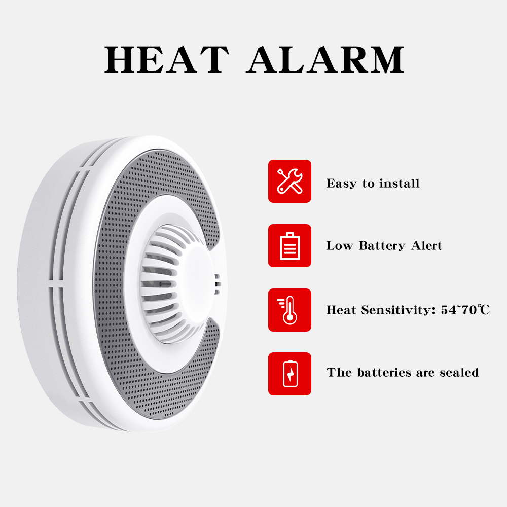 Rilevatore di calore intelligente Wi-Fi con controllo app Tuya, allarme di calore intelligente Tuya con batteria al litio sigillata da 10 anni, BS 5446-2, VH03W, confezione da 2