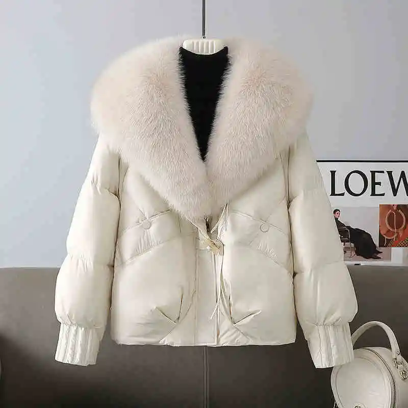 Winter Nieuwe Warme Dikke Parka Jas Afneembare Bontkraag Losse Broodjas Losse Chique Dons Katoen Gewatteerde Jas Dames Uitloper