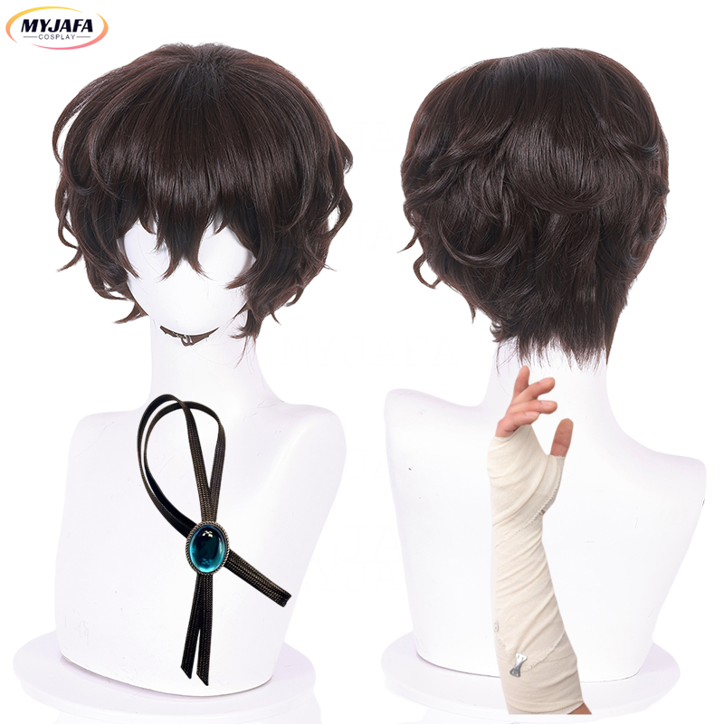 Peluca de Cosplay de Osamu Dazai de alta calidad, pelucas de pelo sintético corto marrón resistente al calor + gorro de peluca