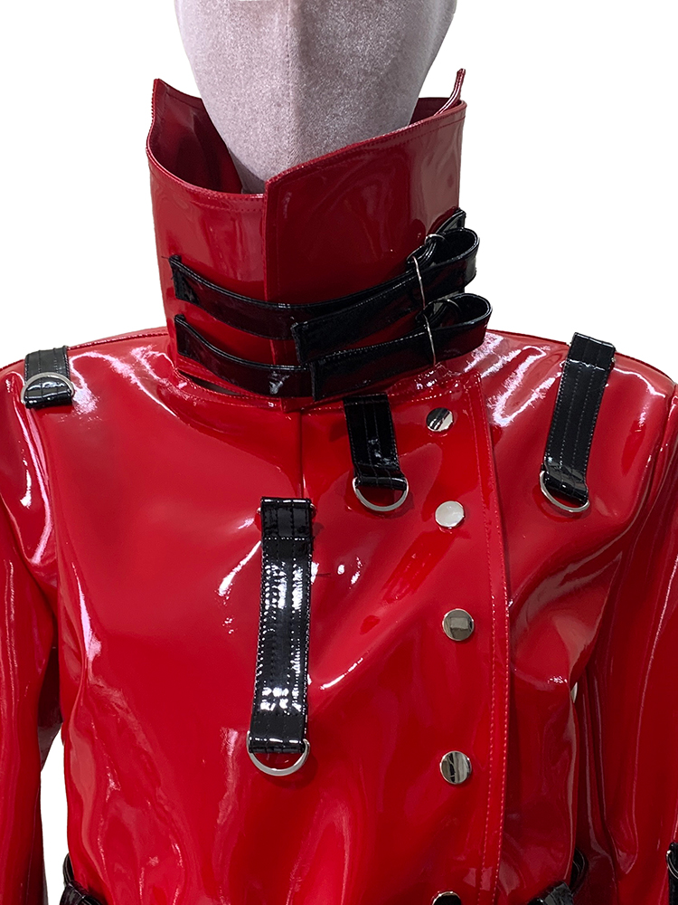 Mauroicardi Herbst Kurze Rot und Schwarz Farbblock Glänzende Reflektierende Patent Kunstleder Jacke Frauen Luxus Designer Emo Kleidung