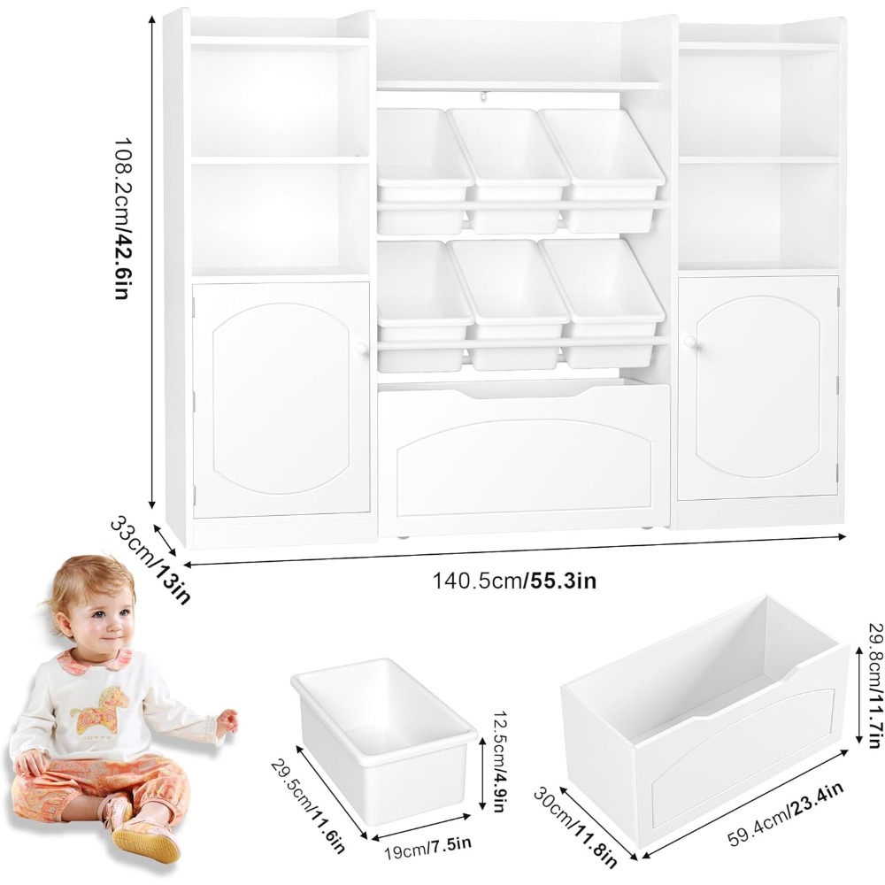 55-inch multi-functional kids storage organizer with removable bins and bookshelf