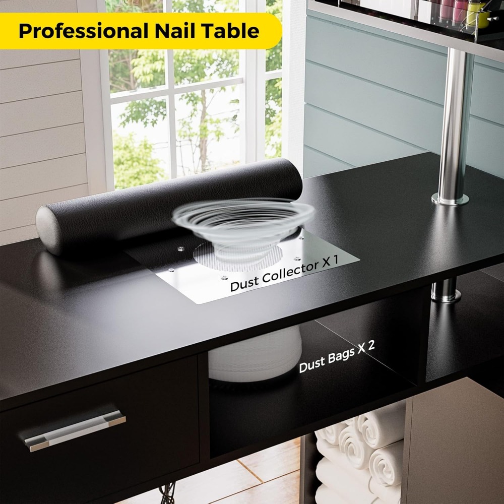 Nail Tables.Manicure Table Nail Desk with Stool, Rotating L-Shaped Nail Tech Desk with Dust Collector, Two-Way Drawer, Cabinet