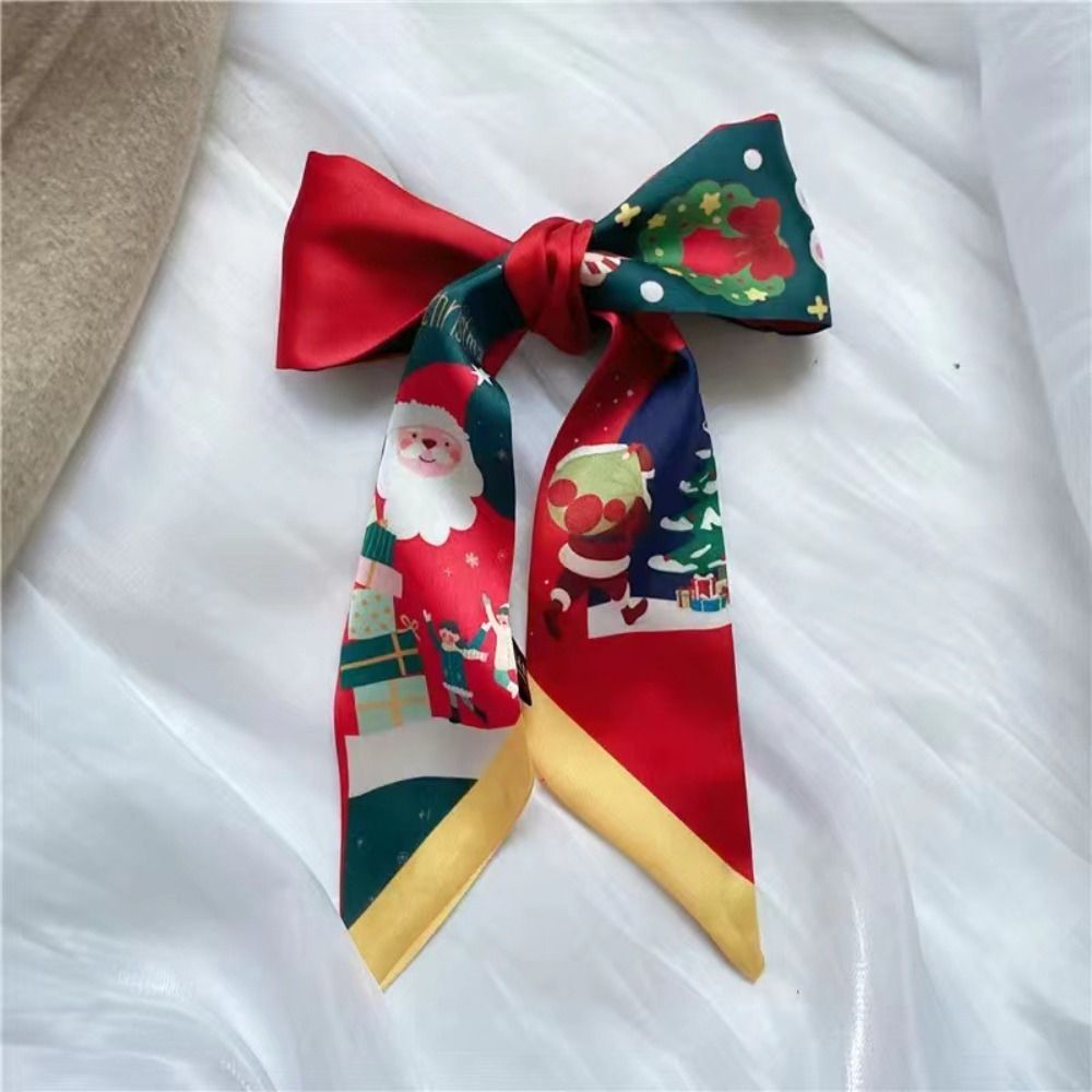 Retro Ribbon Headband Christmas Silk Scarf Red Santa Claus New Year Scarf Neckerchief Elk Long Scarf Women