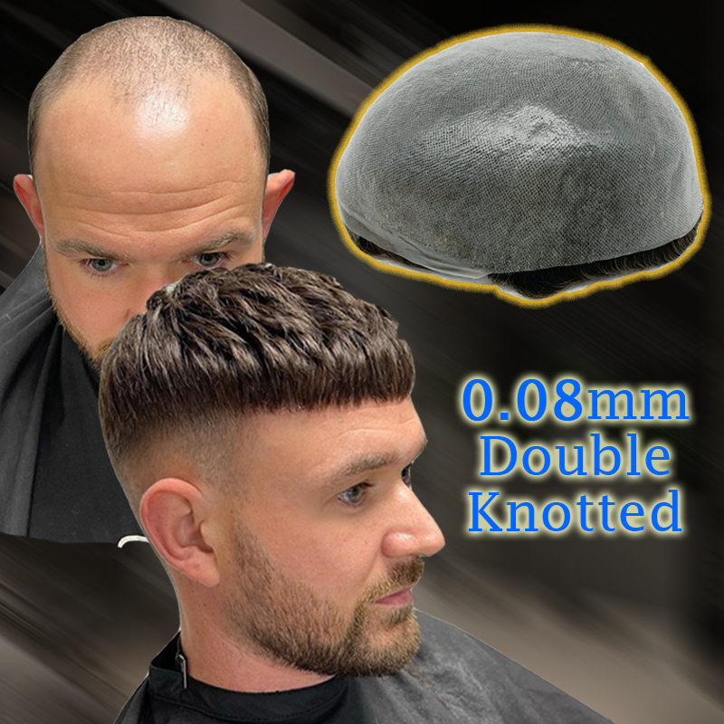 0.08mm de espessura pu base poli duplo nó peruca cabelo humano tempo durável longa vida útil prótese capilar masculina