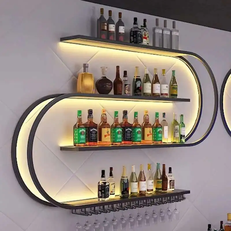 Nordic Wrought Iron Wine Cabinets for Bar Furniture Wall Mounted Wine Rack Creative Geometric Art Restaurant Showcase with Light