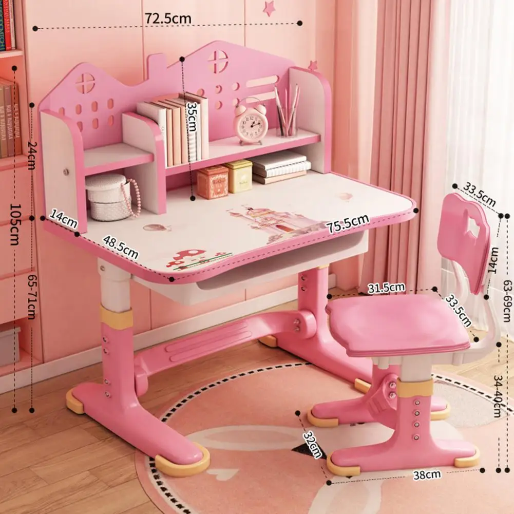 Kids Functional Desk Chair Set Height Adjustable Children School Study Desk with Castle Backboard, Widened Desktop, Bookstand