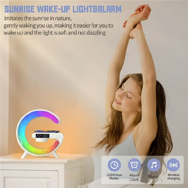 Lâmpada de luz noturna rgb, despertador multifuncional, alto-falante tf blueotooth, 15w, estação de carregamento sem fio, almofada para iphone 15 14 13 12 8