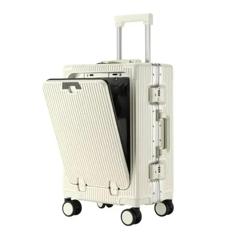 Vorne öffnender Rollgepäckkoffer mit großer Kapazität, Aluminiumrahmen, ABS + PC-Trolley, Koffer, USB-Lade-Boarding-Koffer