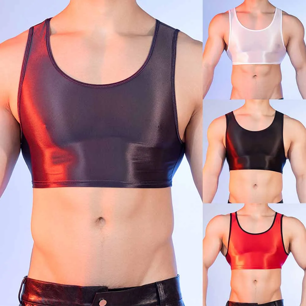 Atasan Rompi Mengkilap Olahraga Pria Tank Top Leher U Mengkilap Lingerie Seksi Kebugaran Yoga Melar Tipis Tanpa Lengan