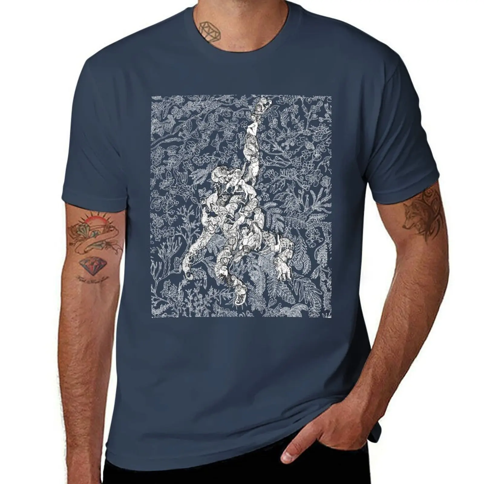 Primate - Monyet, Kera - Evolusi - Kaos Latar Belakang Biru Kaos Pria Mewah Kaos Pria Mewah Kaos T-Shirt Mewah