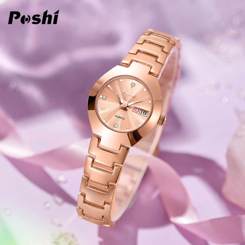POSHI-Relógio de Aço Inoxidável Feminino, Impermeável, Luminoso, Simples, Quartzo, Pulseira Elegante, Data Semana, Presente, Marca Suíça